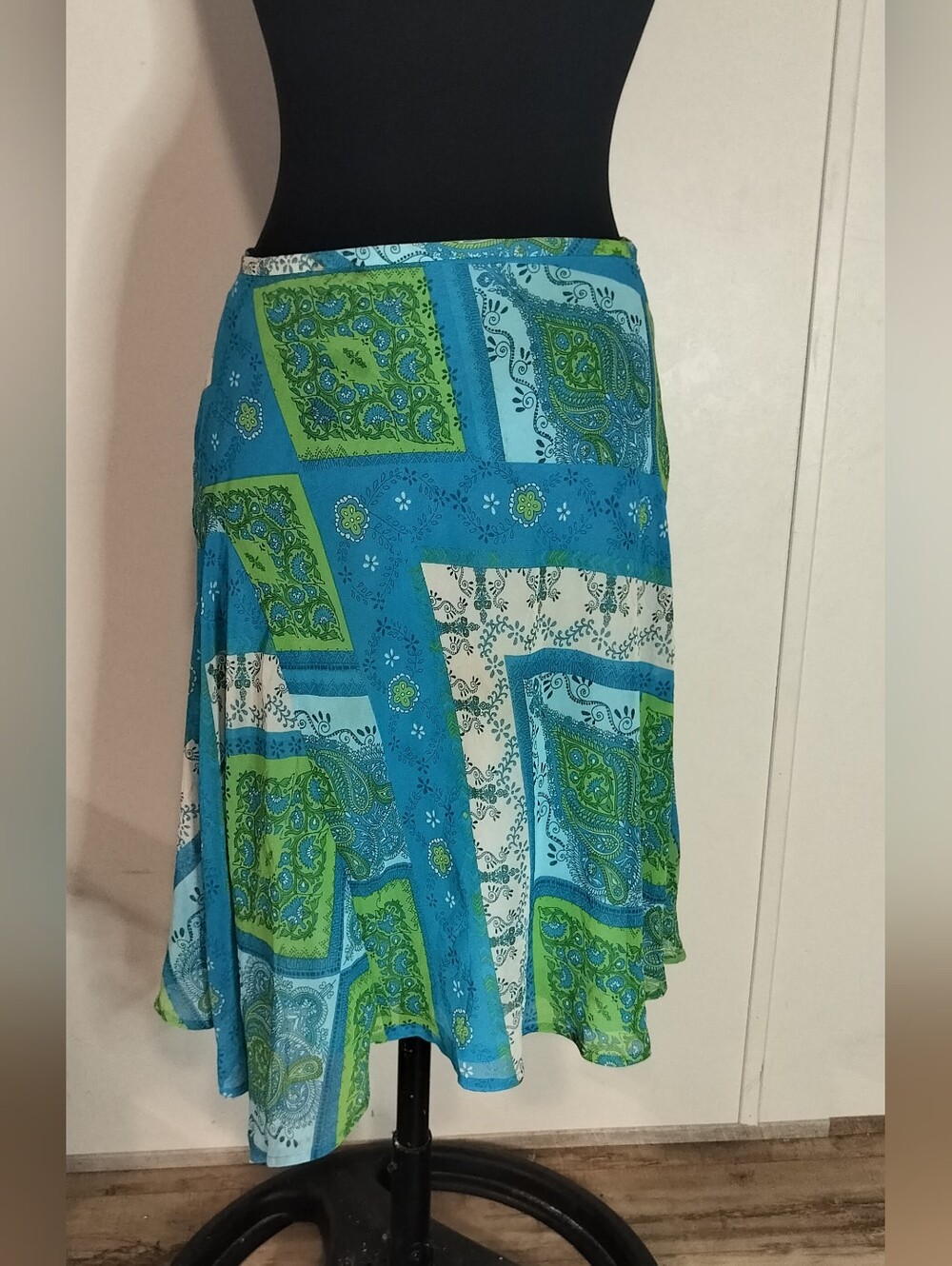 Nine West Blue and Green Patchwork Skater Skirt